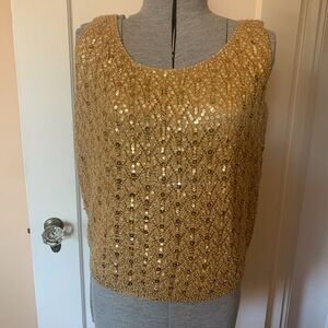 Vtg 60s Gold Sequin Knit Lace Sweater Vest Wool Hand Beaded Holiday Mod sz 40